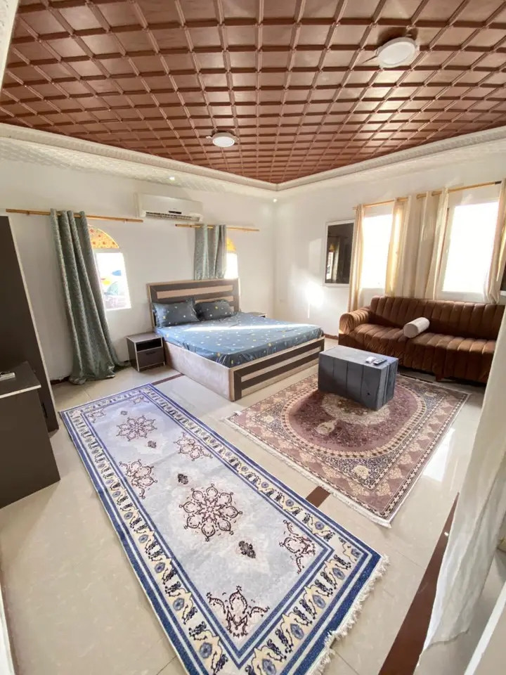 Studio apartment with one room, bathroom, and standard kitchen