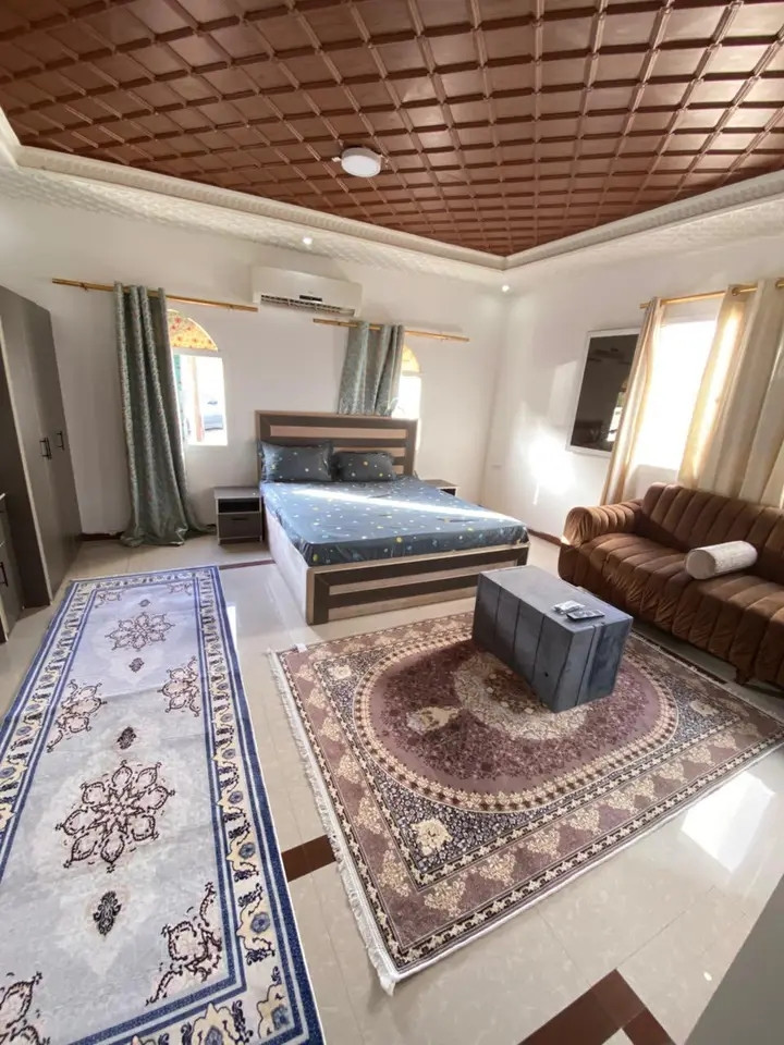 Studio apartment with one room, bathroom, and standard kitchen