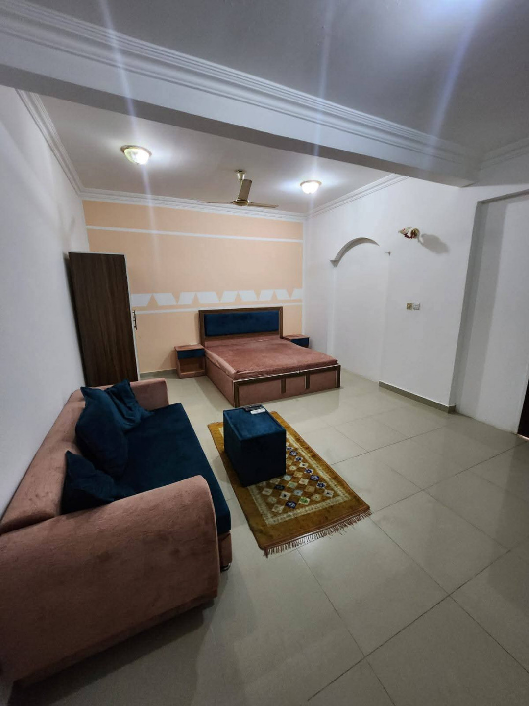 Large studio apartment with one room, bathroom, and kitchen