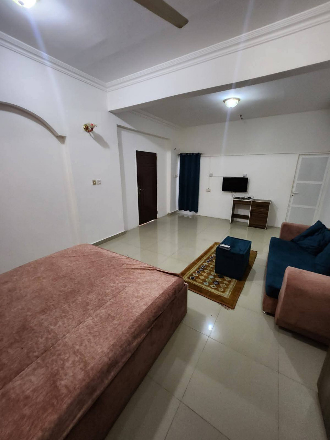 Large studio apartment with one room, bathroom, and kitchen