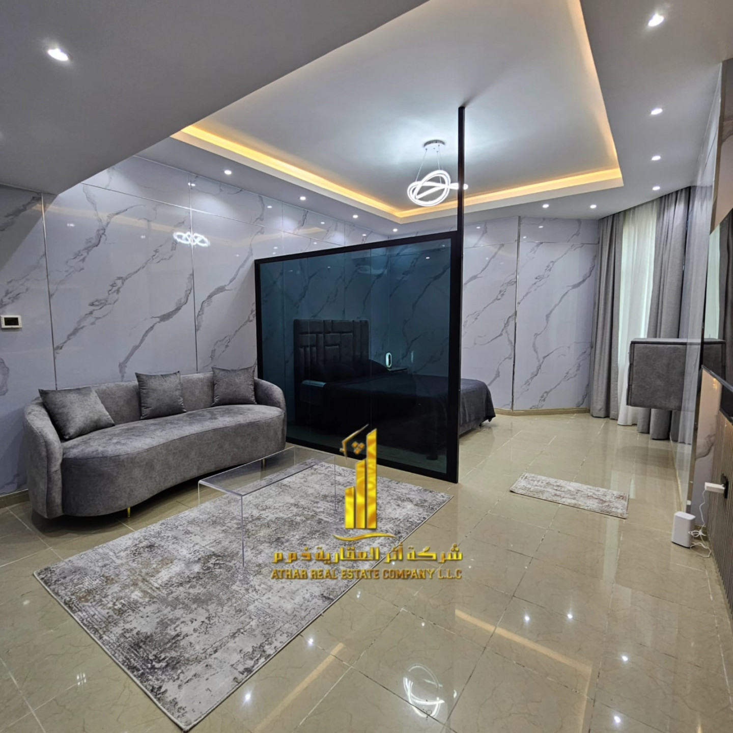 Luxurious, fully furnished studio with a semi-separate kitchen and a view ✨ Ajman Horizon Tower. For monthly rent. Rent includes utilities, internet, and parking.
