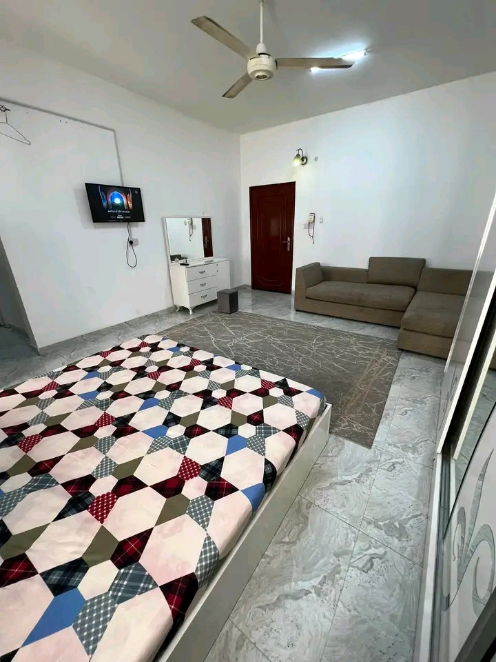 Studio room, bathroom, and kitchen