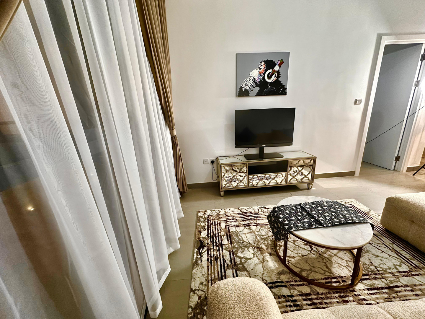 One bedroom and living room with gym and swimming pool