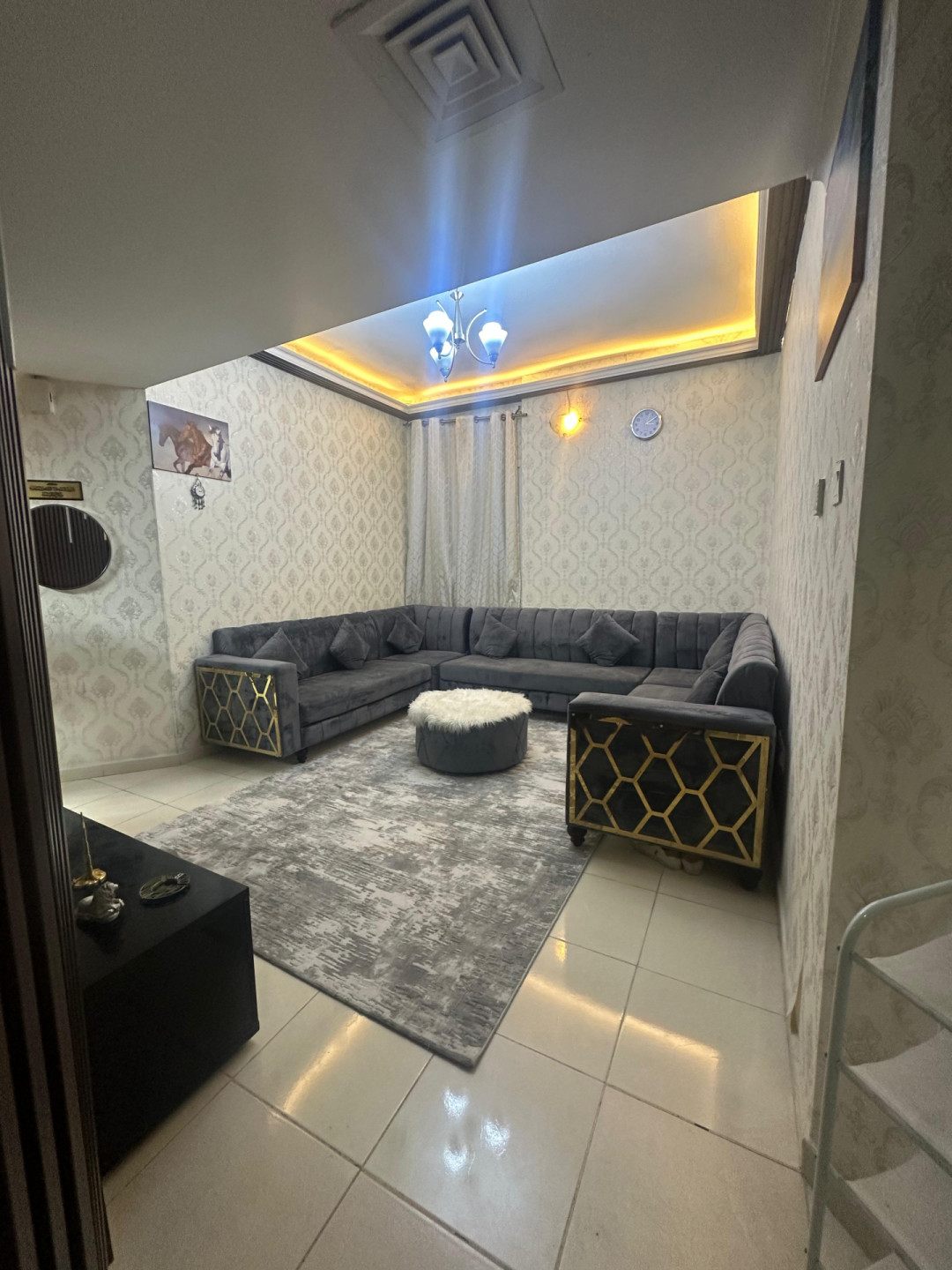 Furnished room and lounge with hotel-style furniture